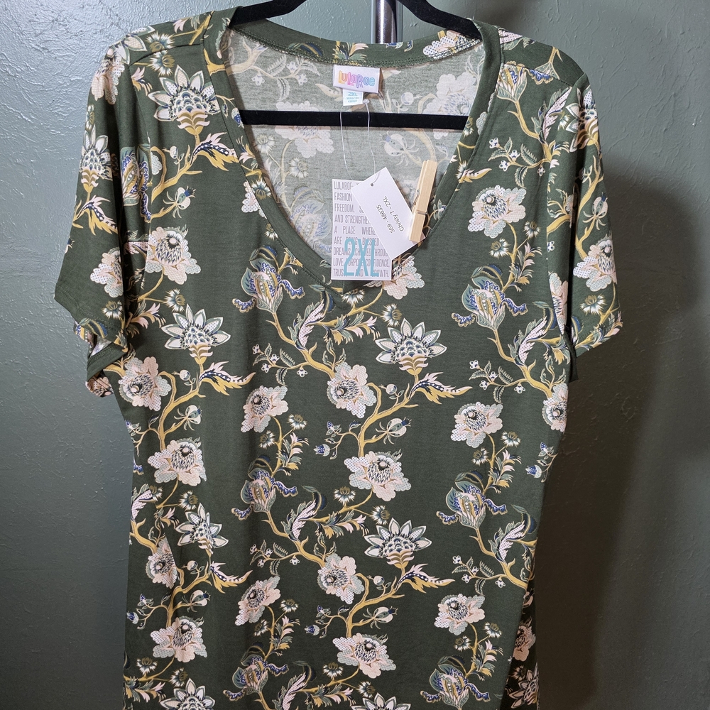 LuLaRoe Christy Olive Green Floral V-Neck Tee - 2XL